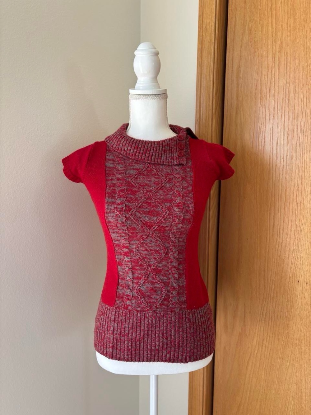 Red Cable-Front Knit Tank with Buttoned Cowl